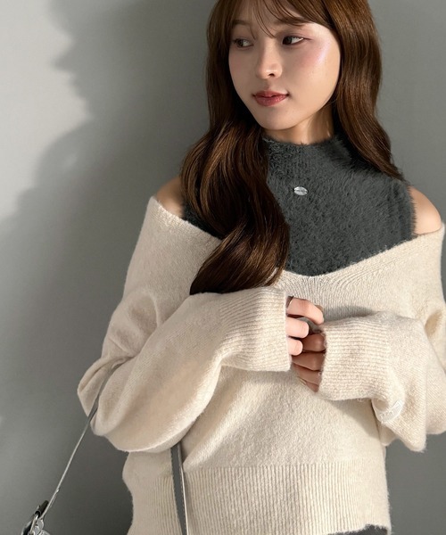 日本🇯🇵連線 Mily Bilet 高領羽毛背心針織衫套裝 兩件套  V領針織衫 羽毛背心 多層次 長袖 3色(任買兩件711免運)/預購