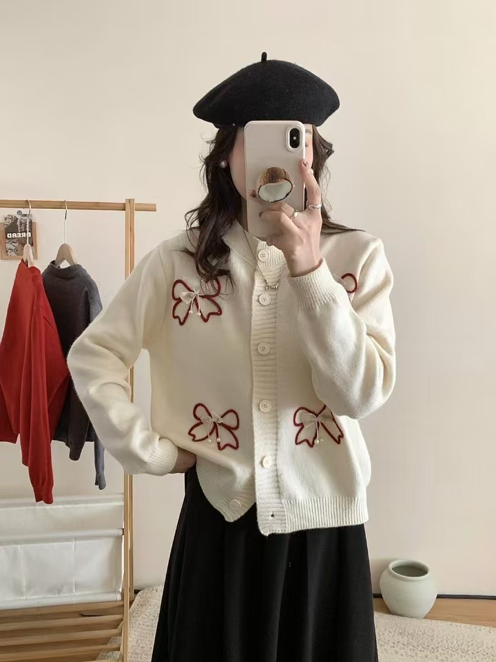 Embroidered Bow Knit Cardigan