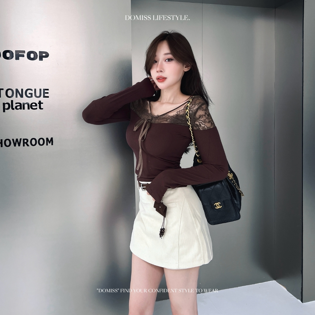 【純欲蕾絲拼接】DOMISS修身V領綁帶顯瘦針織上衣 長袖上衣 T恤 性感上衣 約會穿搭-3色 (現貨)
