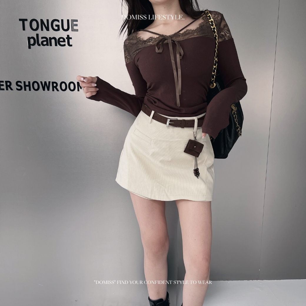 【純欲蕾絲拼接】DOMISS修身V領綁帶顯瘦針織上衣 長袖上衣 T恤 性感上衣 約會穿搭-3色 (現貨)