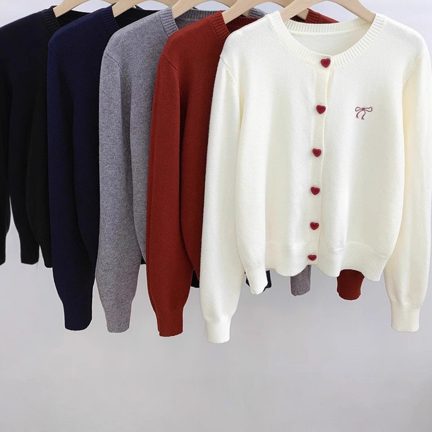 Korean Embroidered Heart Bow Button Cardigan