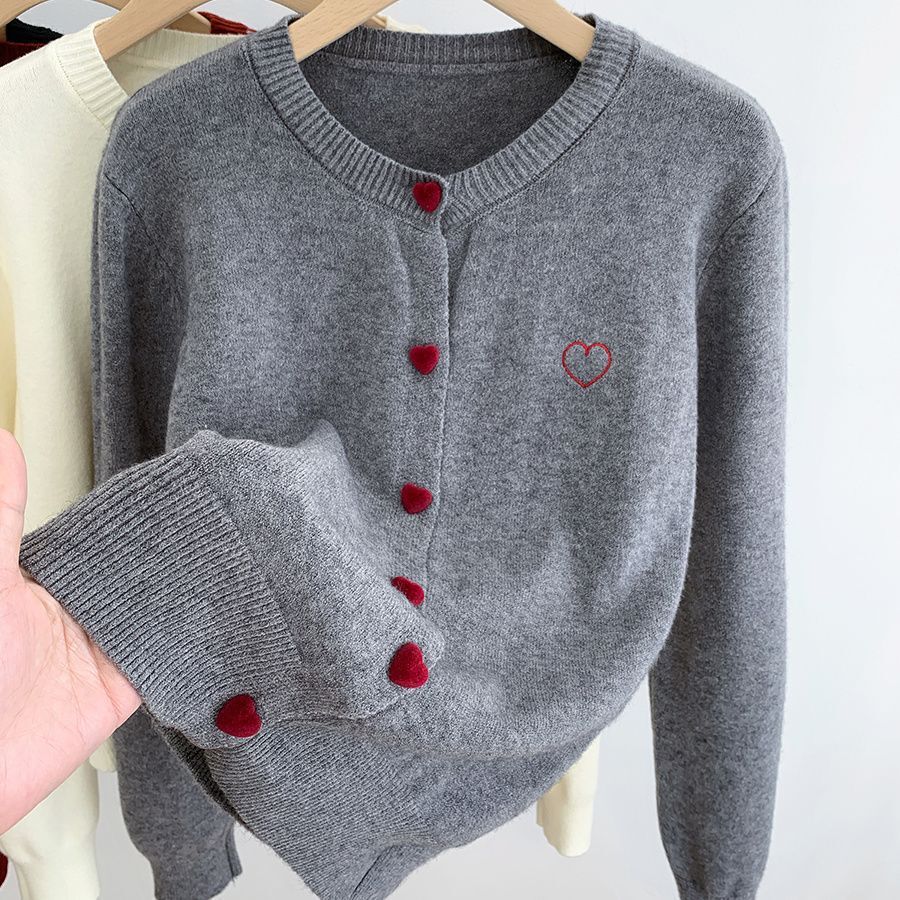 Korean Embroidered Heart Bow Button Cardigan