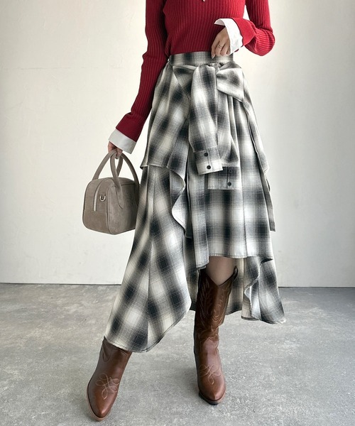日本🇯🇵連線 Mily bilet 襯衫裹身不規則格紋裙 疊穿風格 隨性風 綁帶 襯衫 半身裙 格紋裙 長裙 傘裙 3色(任買兩件711免運)/預購