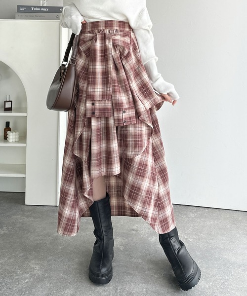 日本🇯🇵連線 Mily bilet 襯衫裹身不規則格紋裙 疊穿風格 隨性風 綁帶 襯衫 半身裙 格紋裙 長裙 傘裙 3色(任買兩件711免運)/預購