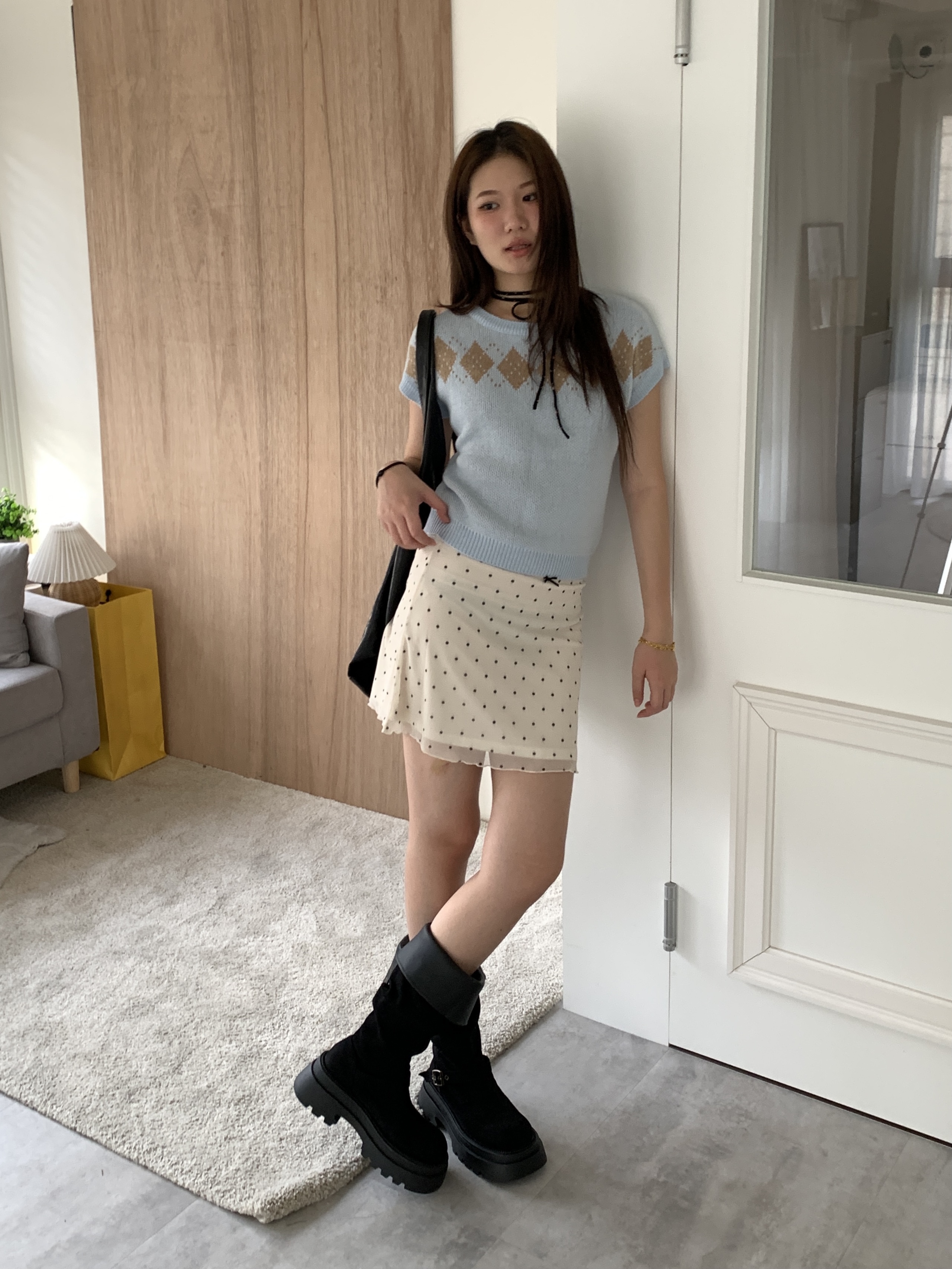 r08/清甜系 菱格紋針織上衣