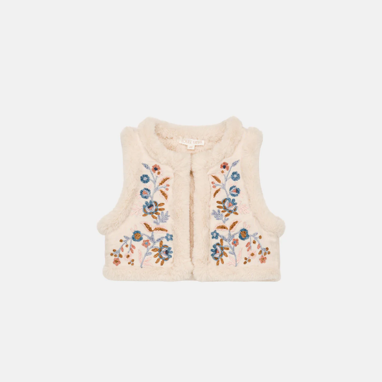 LOUISE MISHA│法式奶霜壓花絨毛背心．Cream