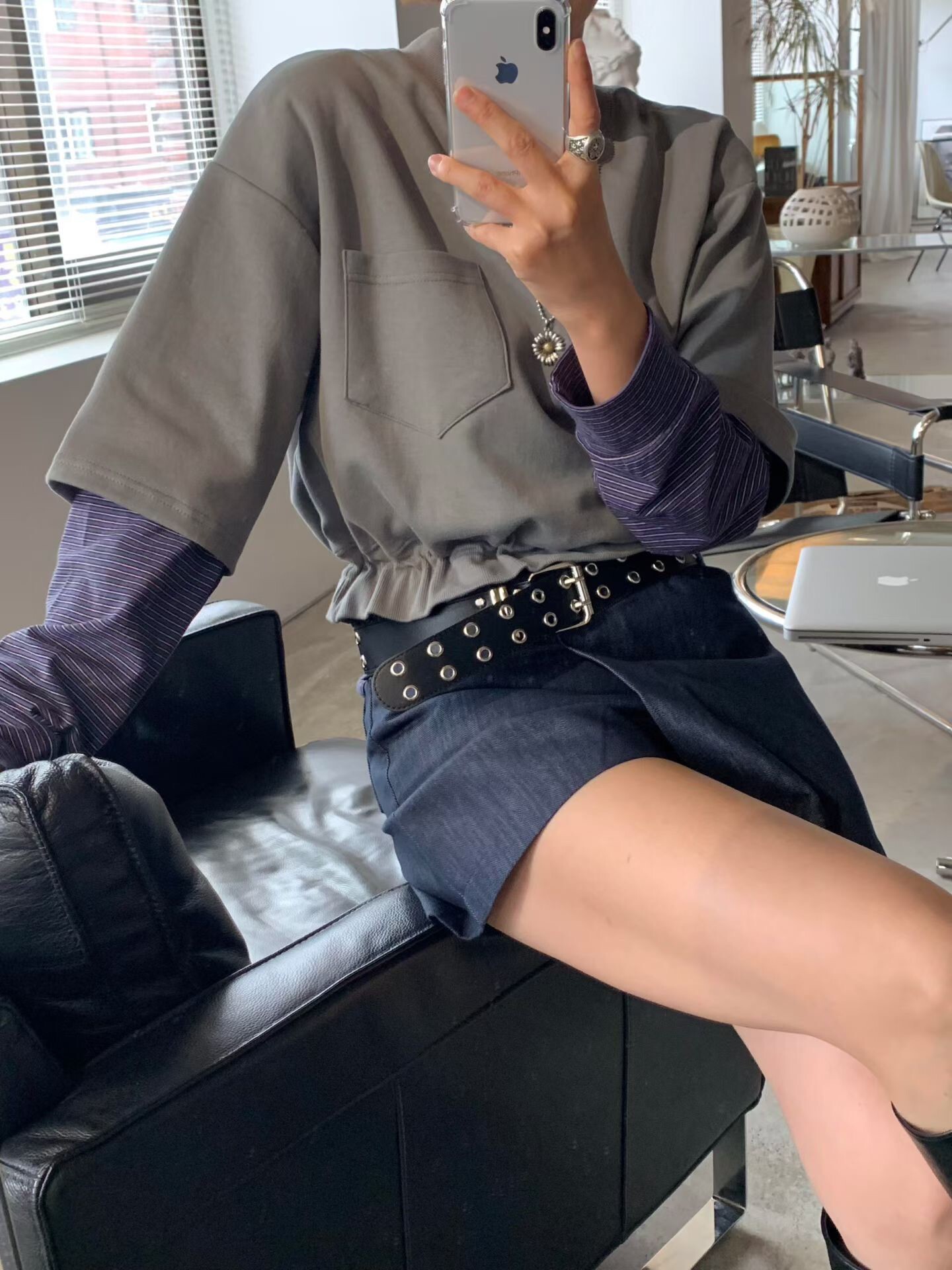 單口袋下抽繩短版T