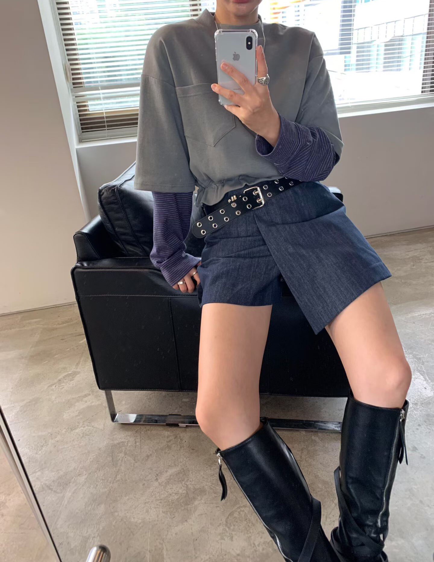 單口袋下抽繩短版T