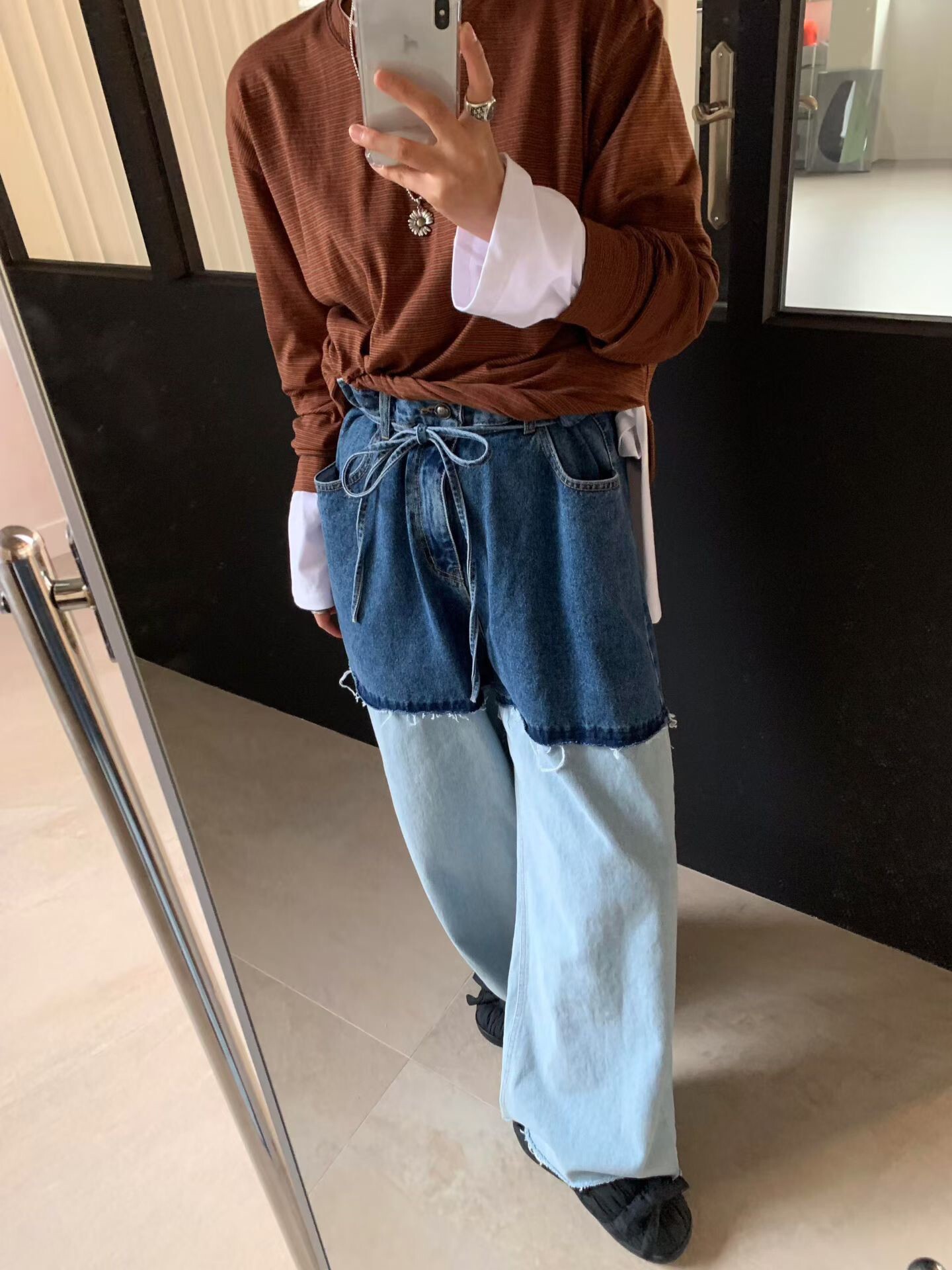 深淺拼接綁腰牛仔褲