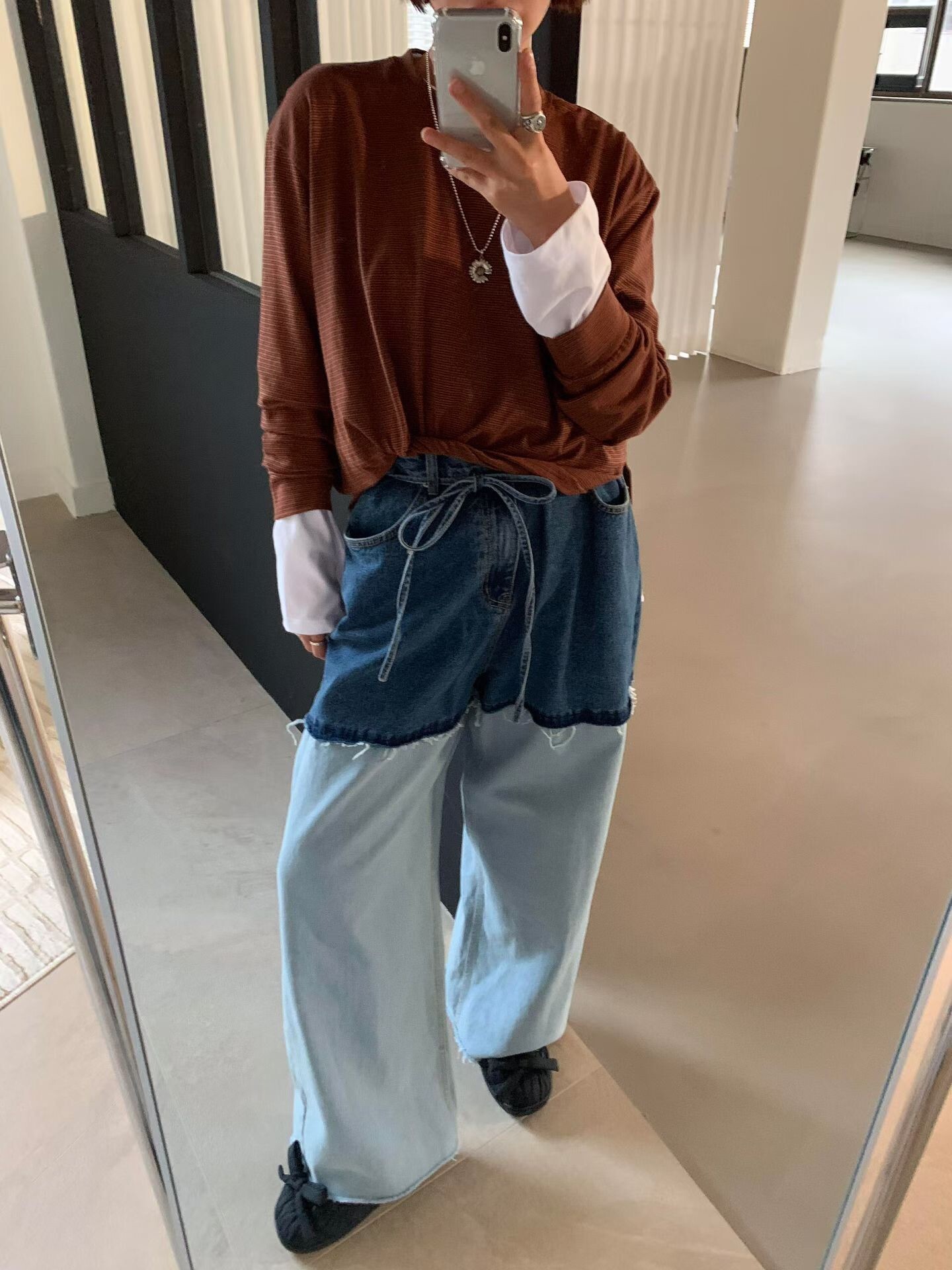 深淺拼接綁腰牛仔褲