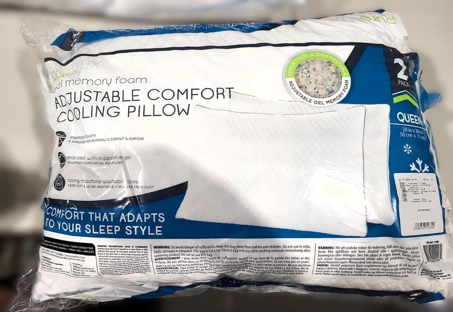 【預購】SINOMAX Pure Lux Gel Cooling H101304 枕頭 (Queen Size / 2個裝)