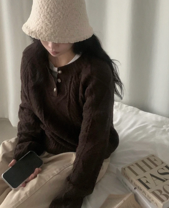 早秋預訂｜扭紋亨利領紐扣羊毛寬鬆針織衫