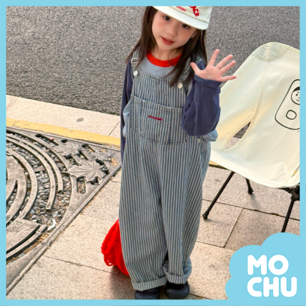 文青條紋寬版吊帶長褲