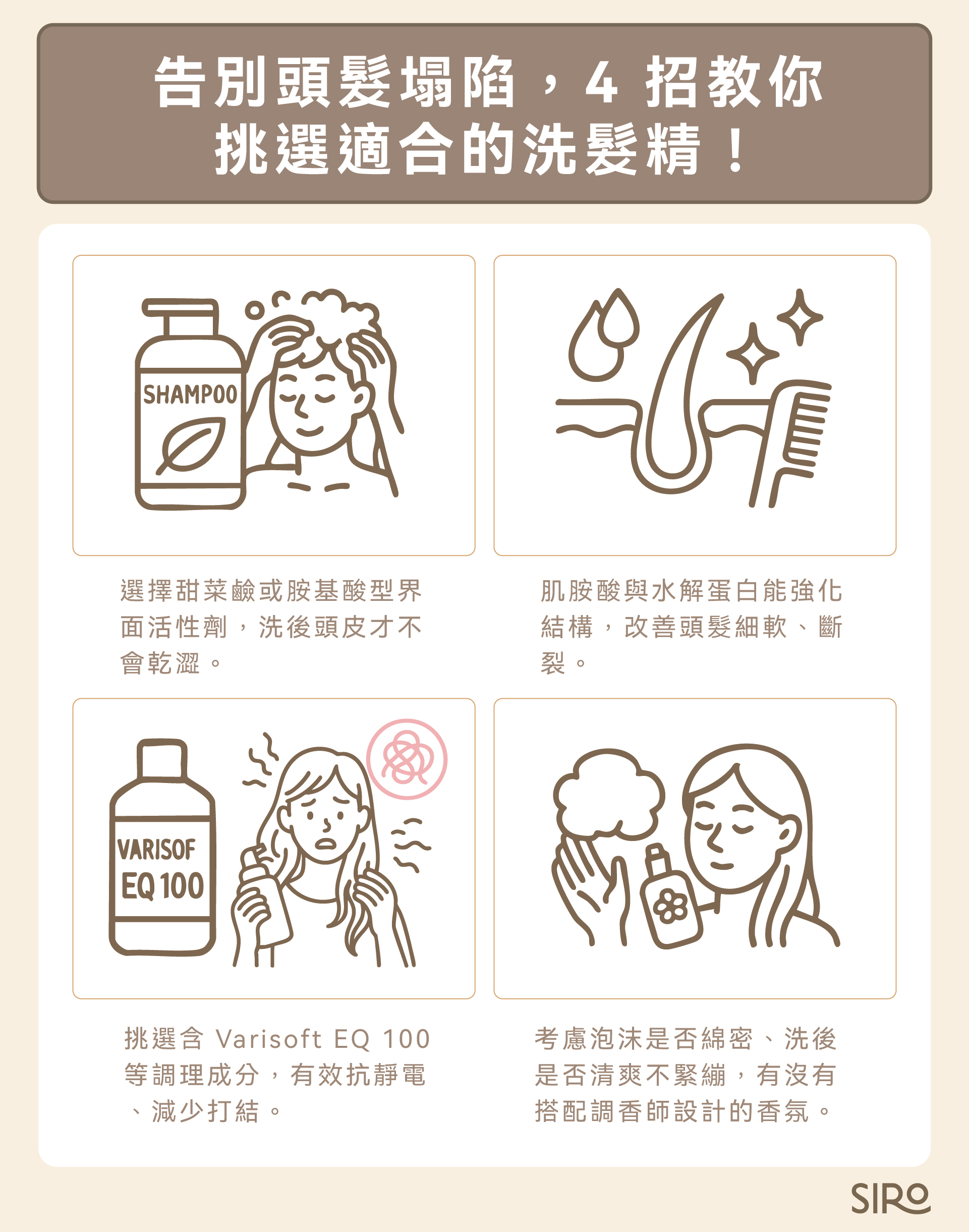 告別頭髮塌陷，4 招教你挑選洗髮精：選擇甜菜鹼或胺基酸型界面活性劑；肌胺酸與水解蛋白能強化結構；挑選含 Varisoft EQ 100 等調理成分，有效抗靜電、打結； 考慮泡沫是否綿密、洗後是否清爽不緊繃，有沒有搭配調香師設計的香氛。