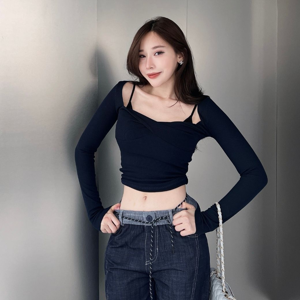 【簡約姐感】DOMISS扭結長袖上衣-2色 長袖T恤 辣感 純欲百搭(現貨)