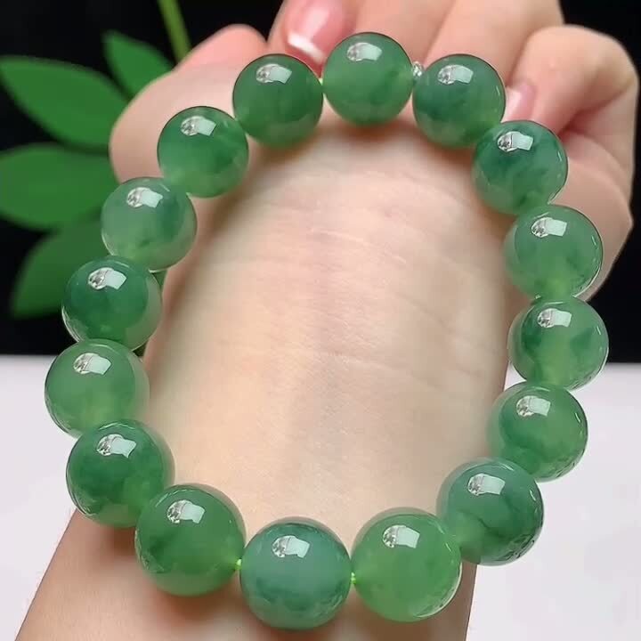翡翠老坑高冰飄花手串 (12.4mm直徑),天然翡翠A玉, 緬甸玉, Jade, Jadeite