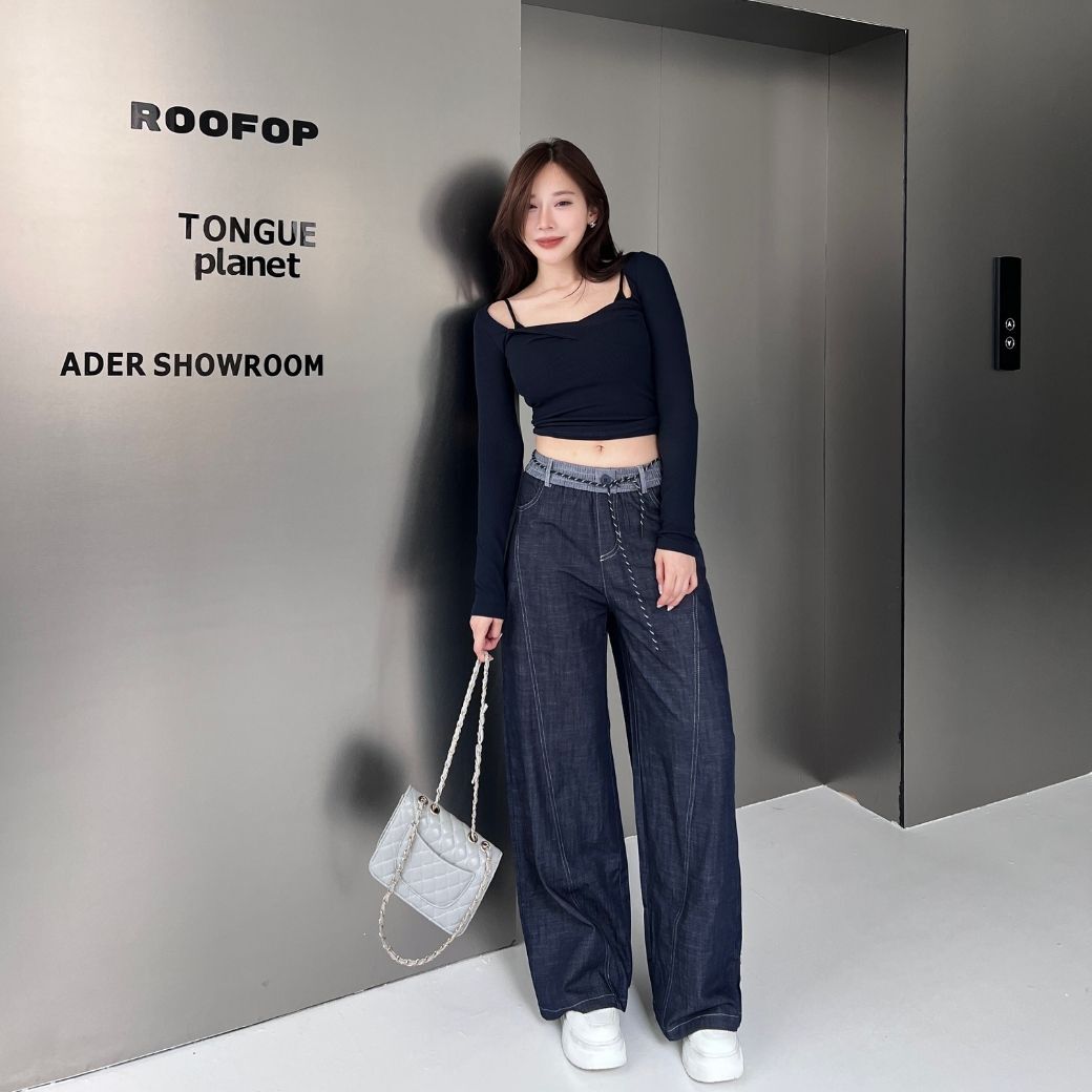 【撞色比例】DOMISS設計感撞色直筒褲 鬆緊寬褲 長褲 顯瘦褲子(現貨)