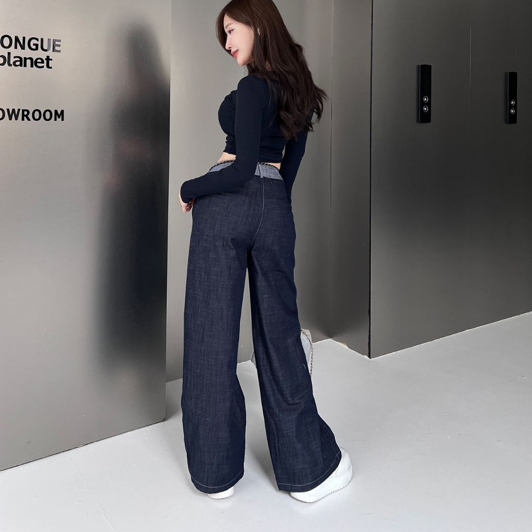 【撞色比例】DOMISS設計感撞色直筒褲 鬆緊寬褲 長褲 顯瘦褲子(現貨)