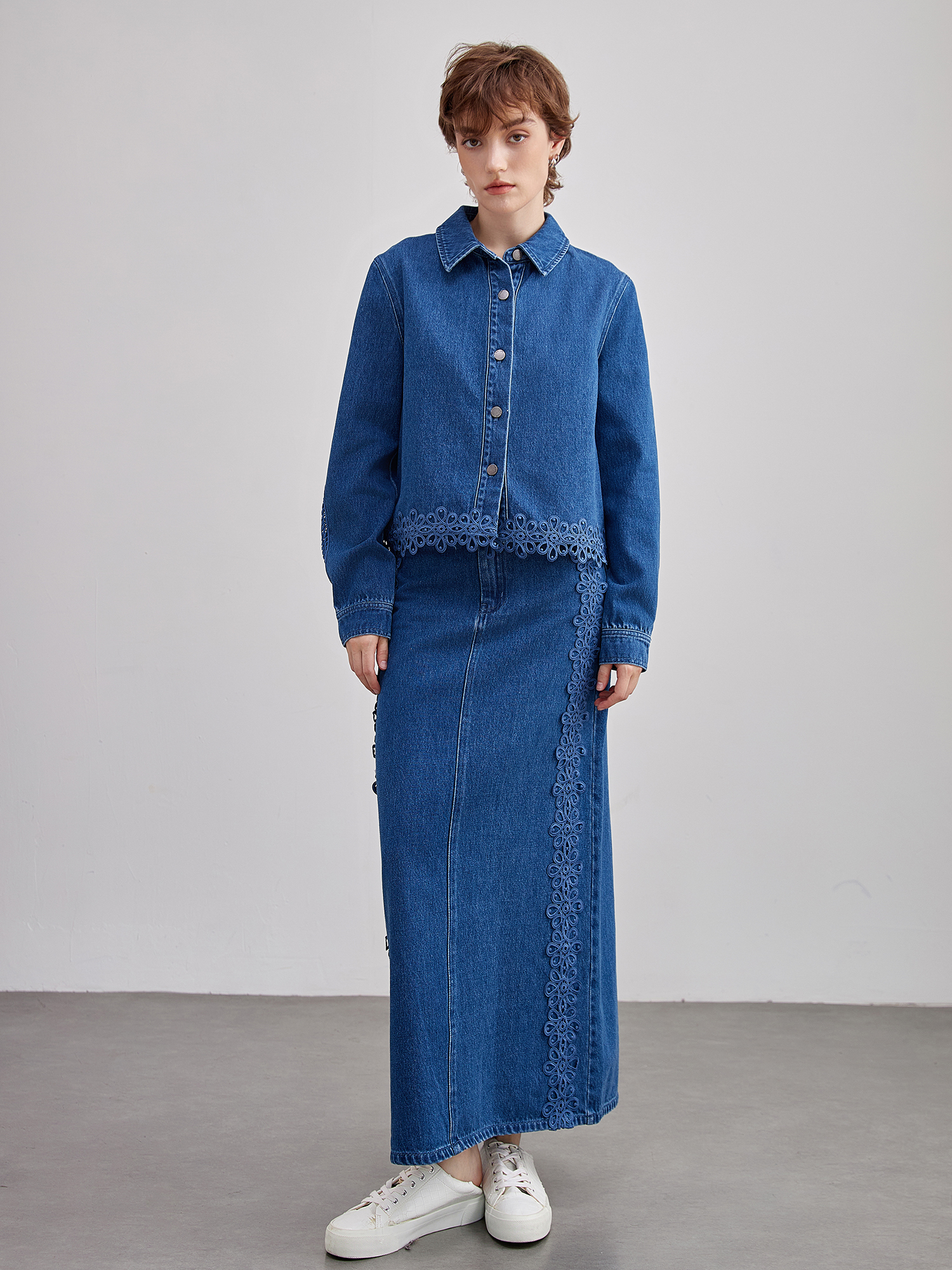 mi-tu 牛仔蕾絲拼接外套