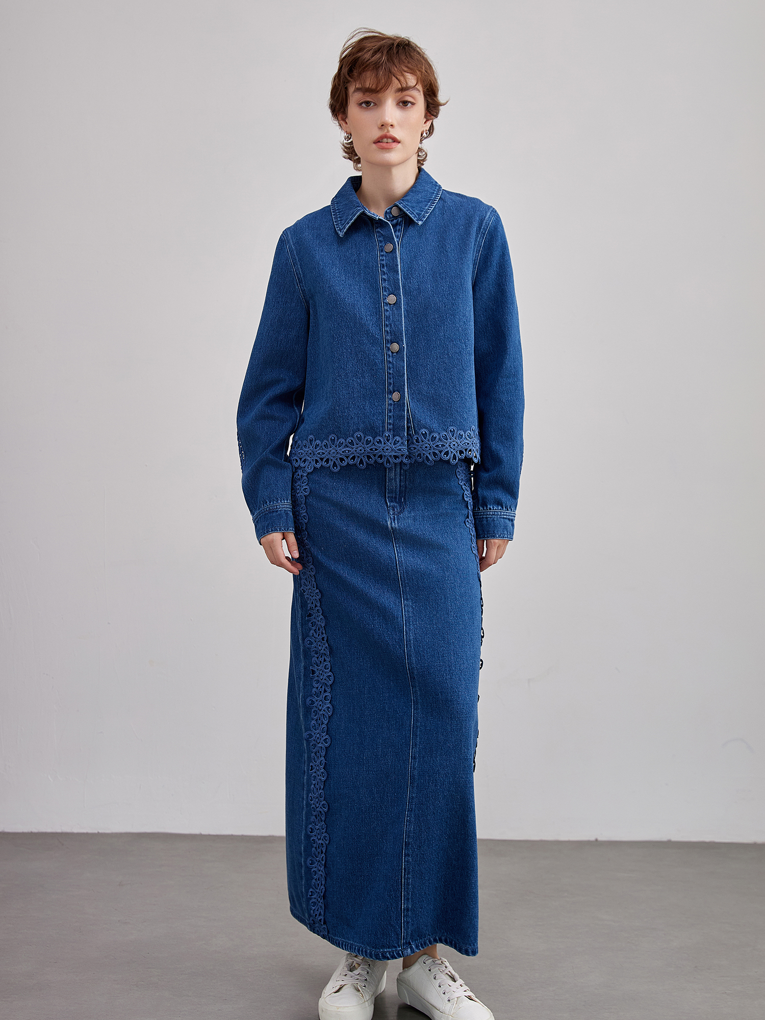 mi-tu 蕾絲拼接牛仔半身裙