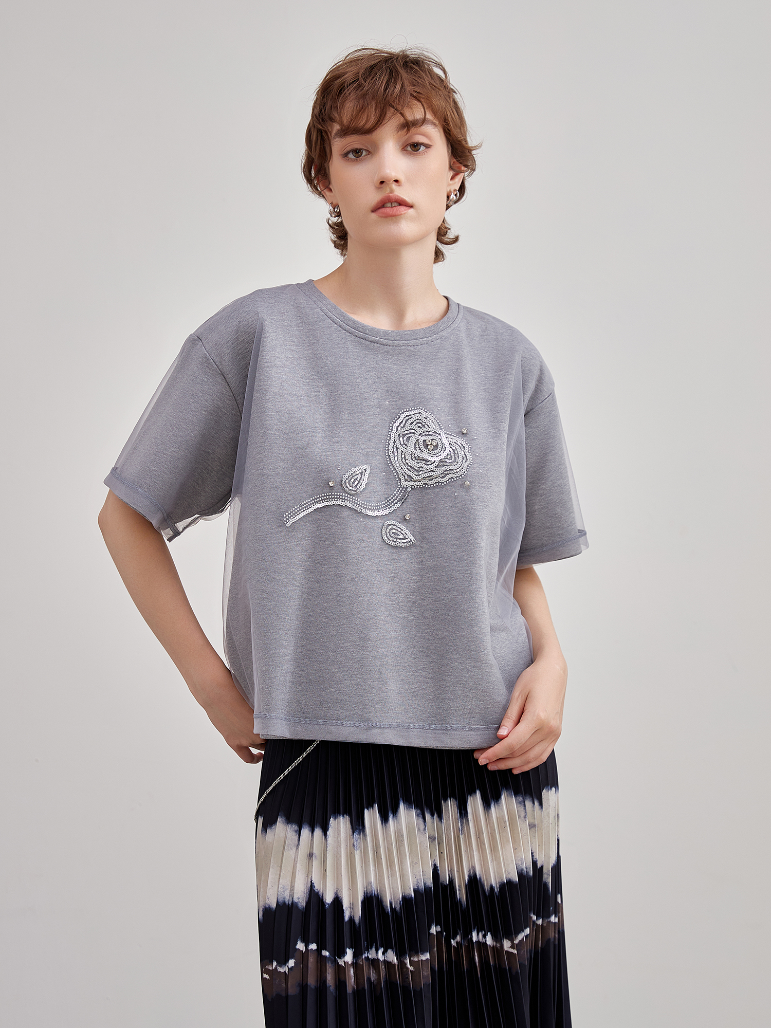 mi-tu立體印花網紗雙層T恤