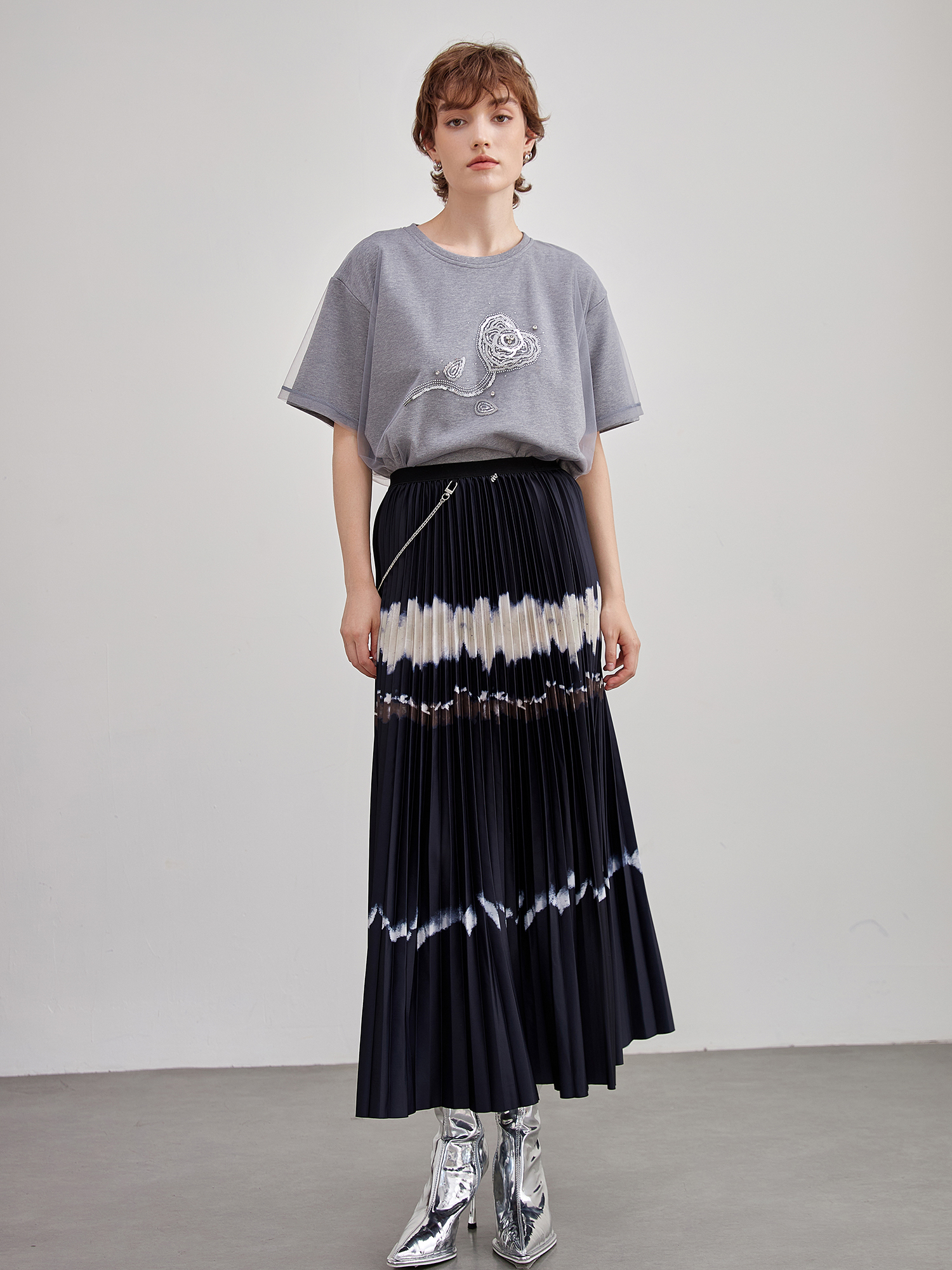 mi-tu立體印花網紗雙層T恤