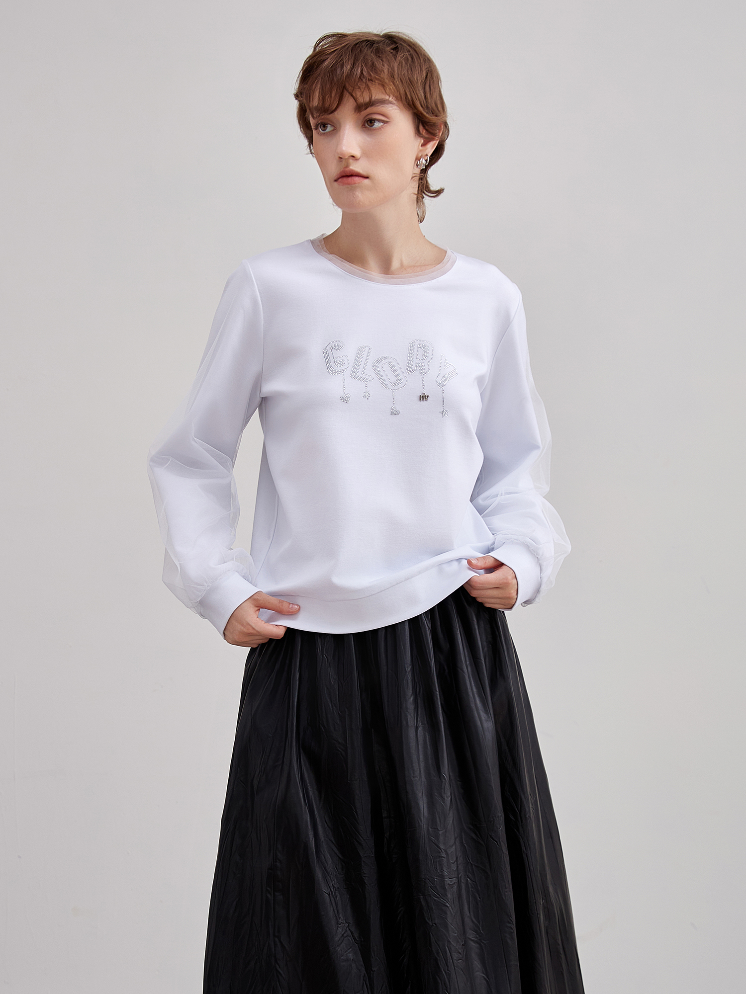 mi-tu閃鑽印花網紗雙層衛衣