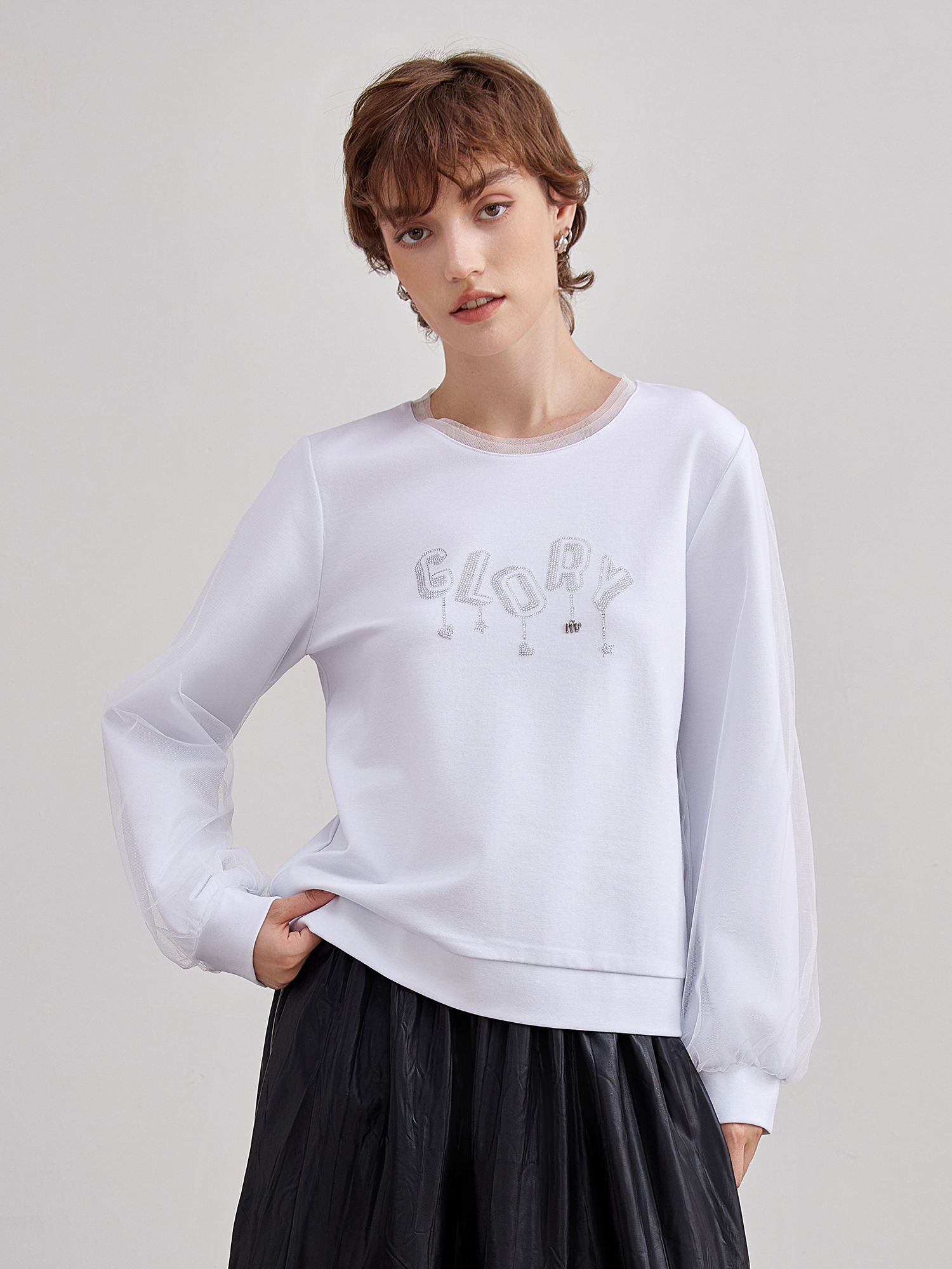 mi-tu閃鑽印花網紗雙層衛衣