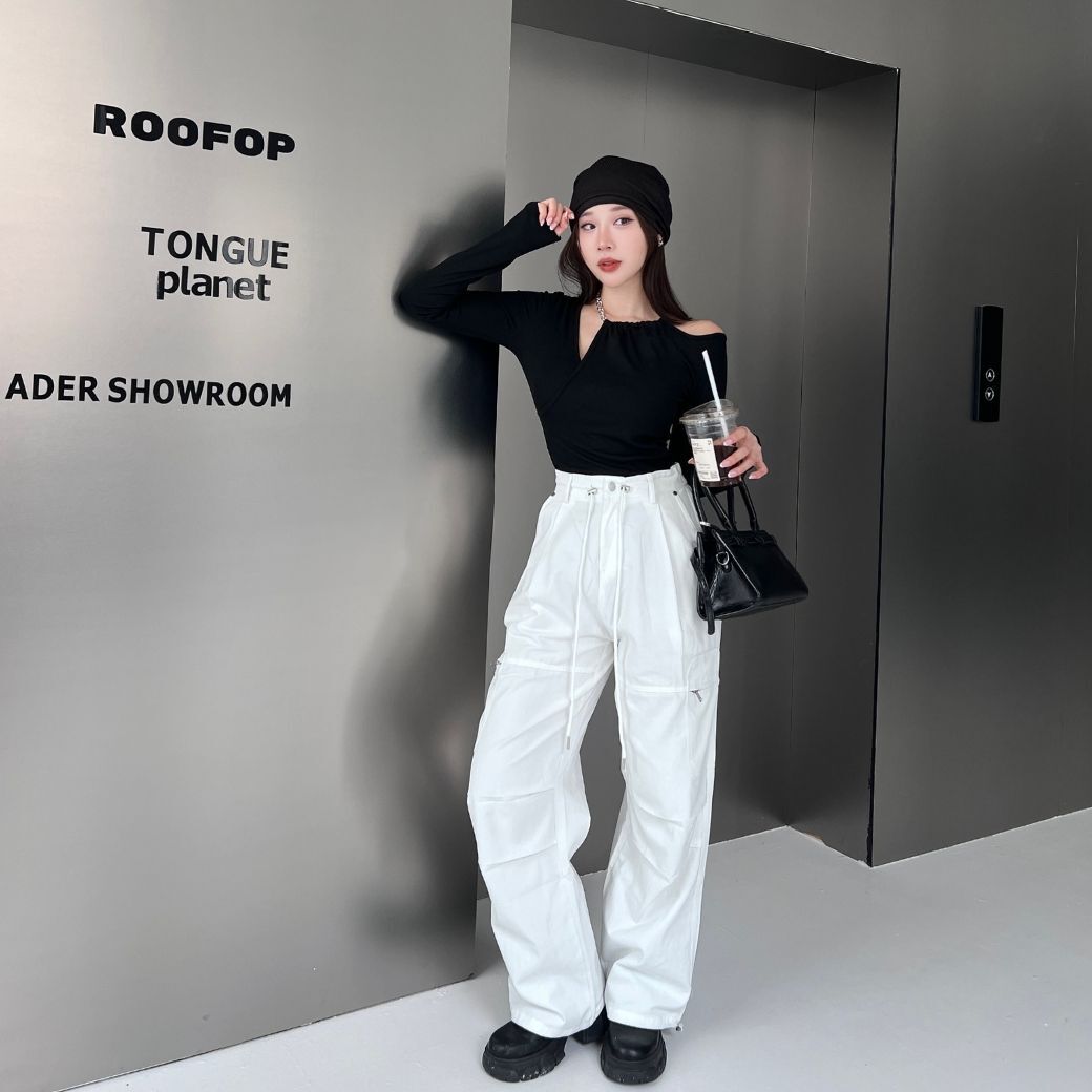 【美式工裝】DOMISS抽繩闊腿長褲 街頭 工裝褲 寬褲-3色(現貨)