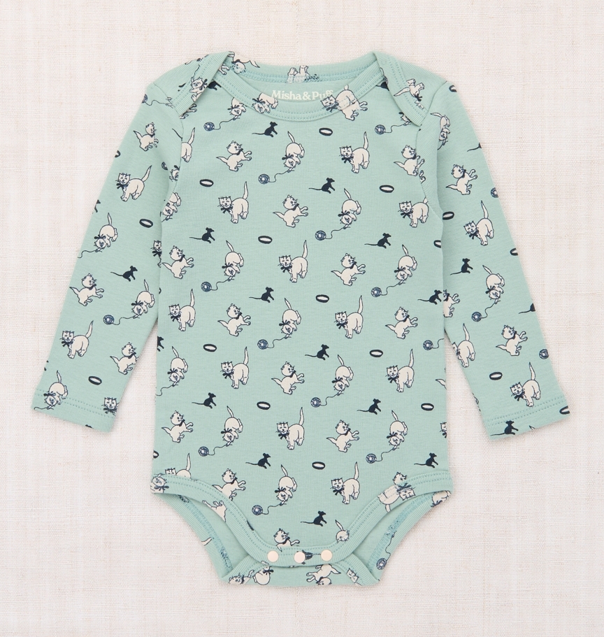 Misha & Puff 平口貓咪包屁衣 Baby Long Sleeve Lap Onesie - Sage Cat & Mouse