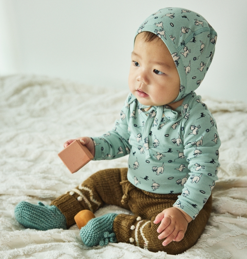 Misha & Puff 平口貓咪包屁衣 Baby Long Sleeve Lap Onesie - Sage Cat & Mouse