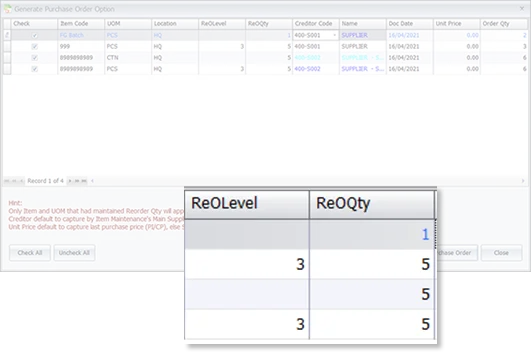 Generate PO from Reorder Advice