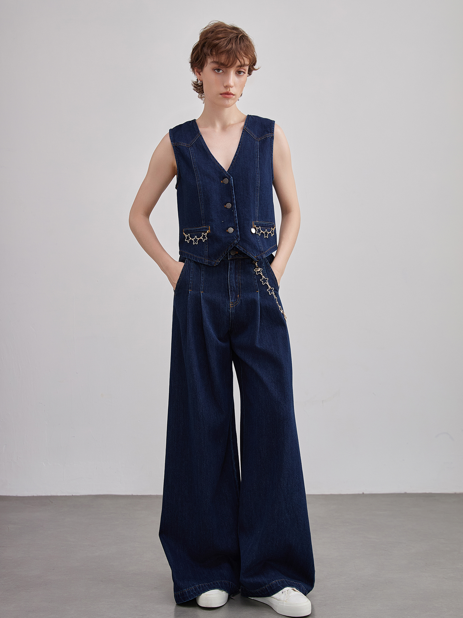 mi-tu V領牛仔五角星鏈條背心