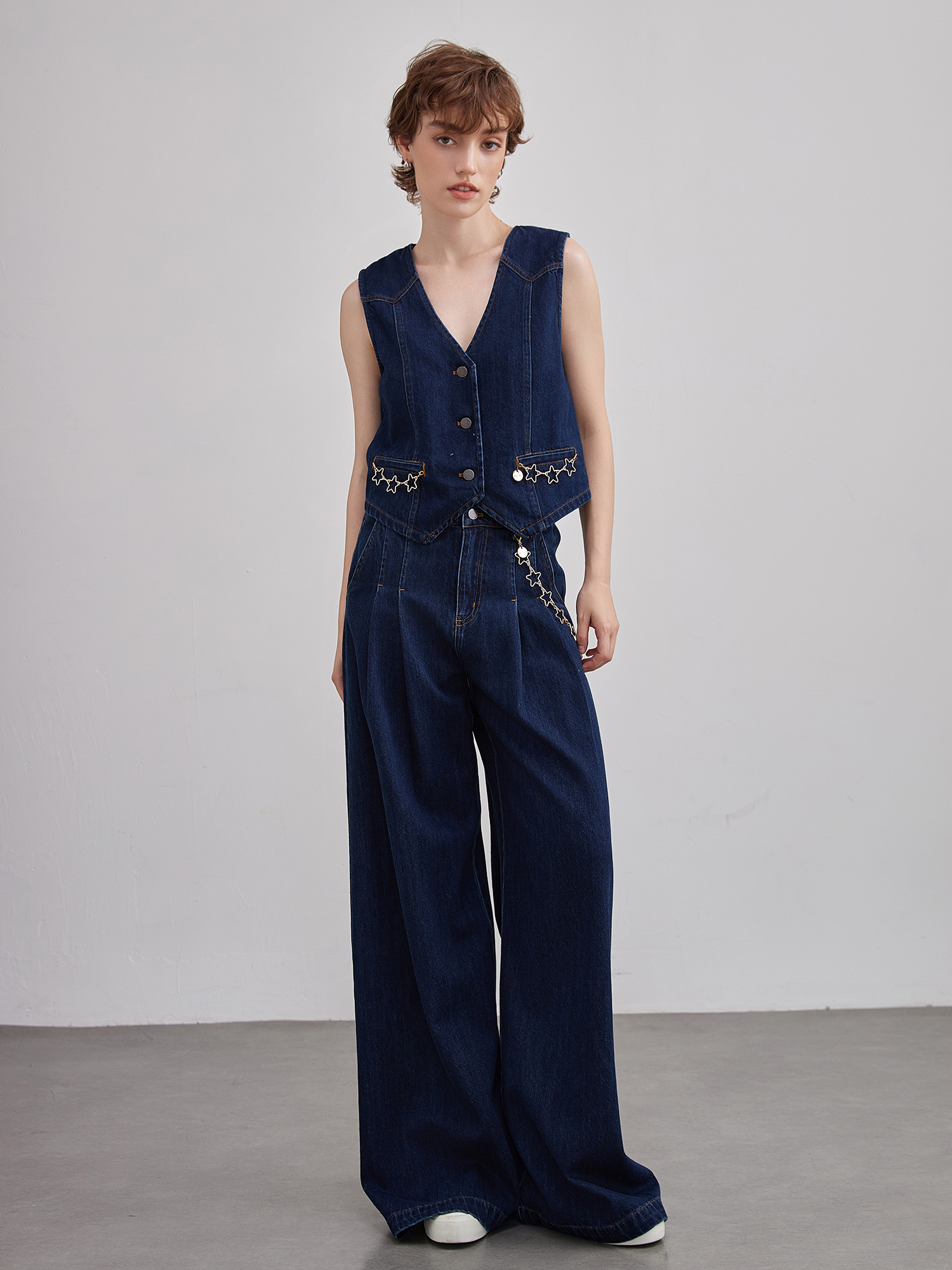 mi-tu 五角星鏈條牛仔闊腿褲