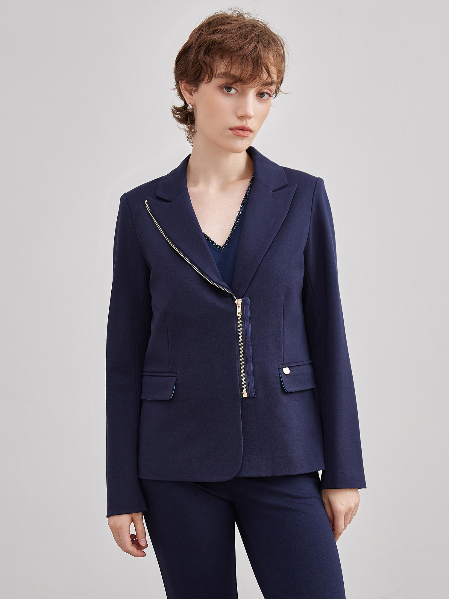 mi-tu 拉鏈V領西裝外套