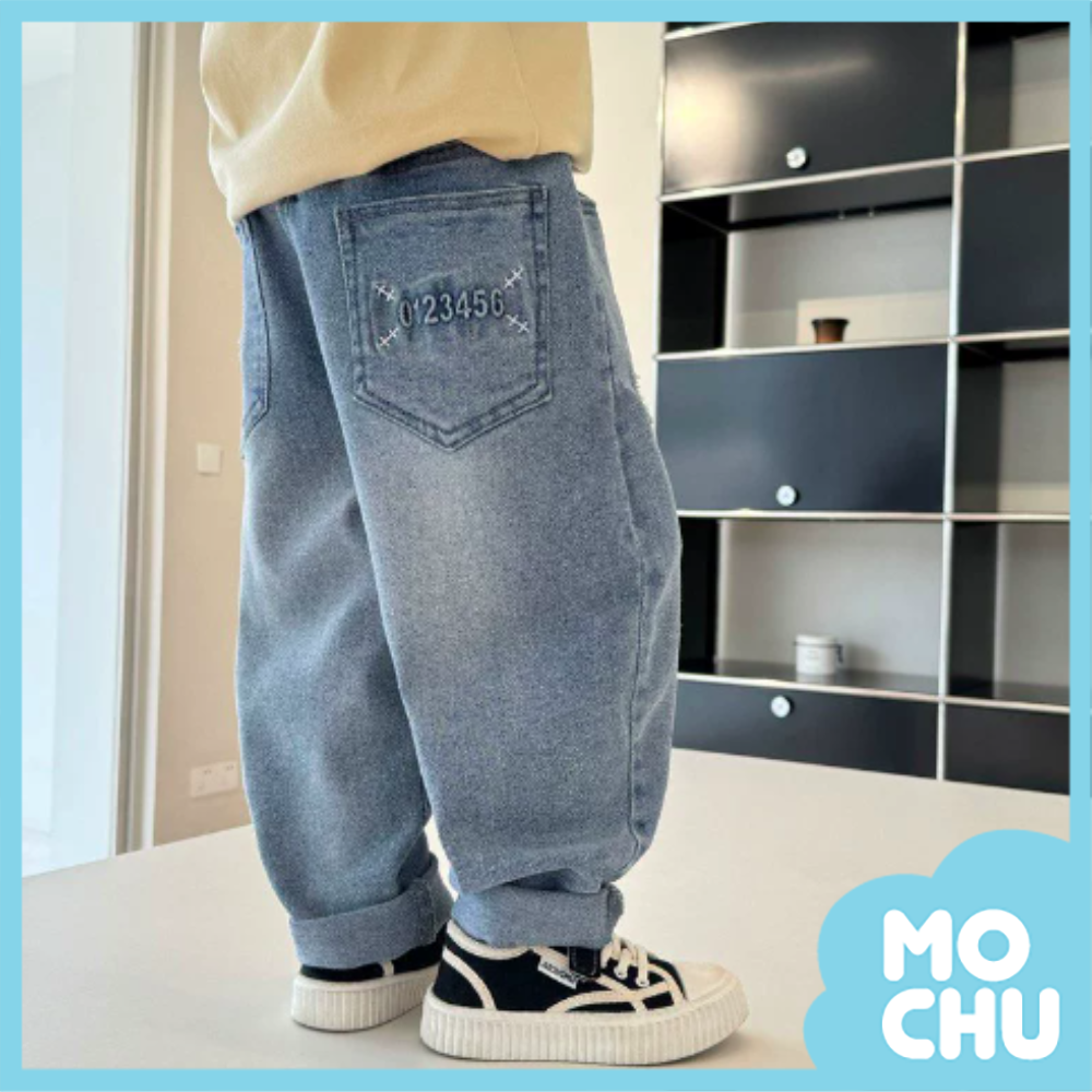 數字浮雕口袋牛仔長褲