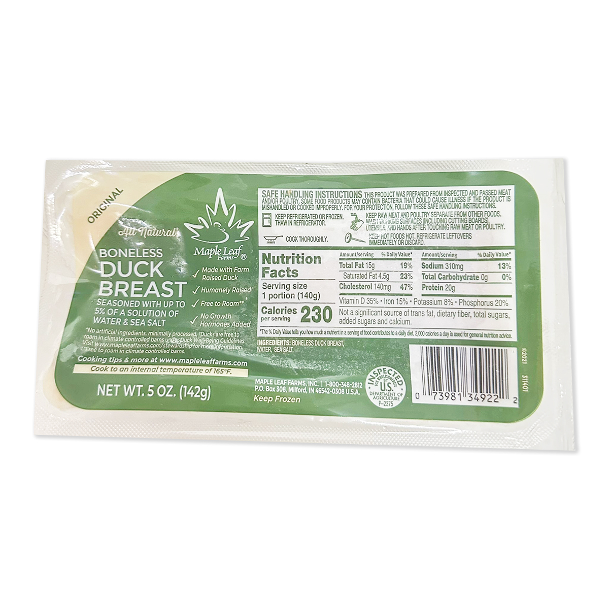 Maple Leaf Farms - 天然無激素去骨鴨肉(原味)(生肉需煮熟)(約5oz)｜低脂肪｜肉質軟嫩 (急凍-18°C)