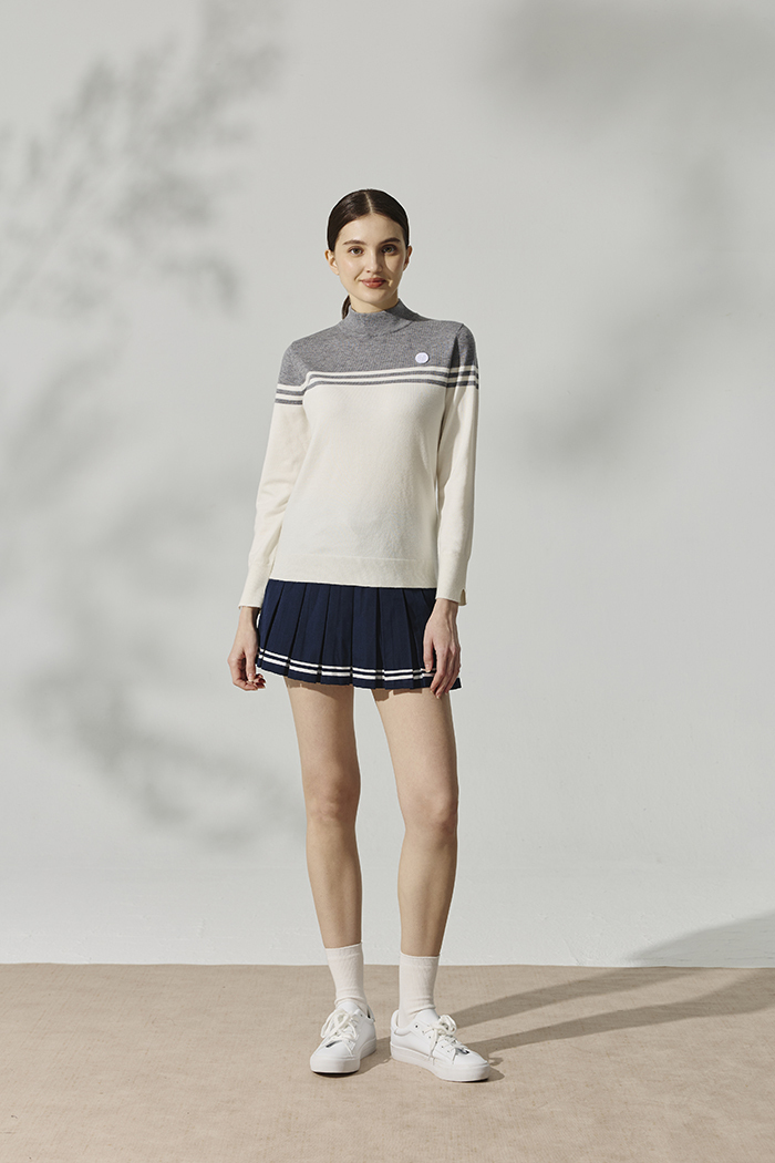 條紋西裝箱褶短裙-午夜藍