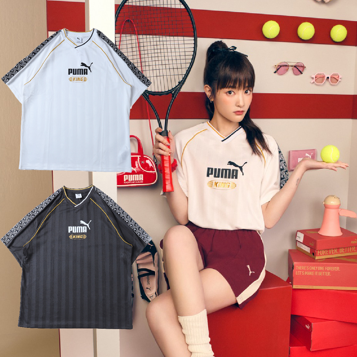 男女款 PUMA KING TEE 黑 白 王淨同款 足球風 復古 撞色 V領 寬鬆 短袖 短TEE【6325630】