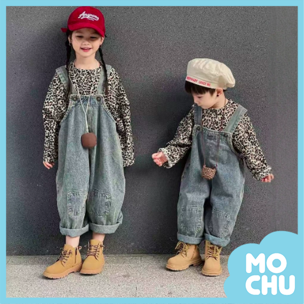 復古水洗補丁吊帶長褲