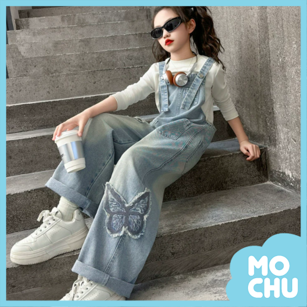 蝴蝶貼布水洗吊帶長褲