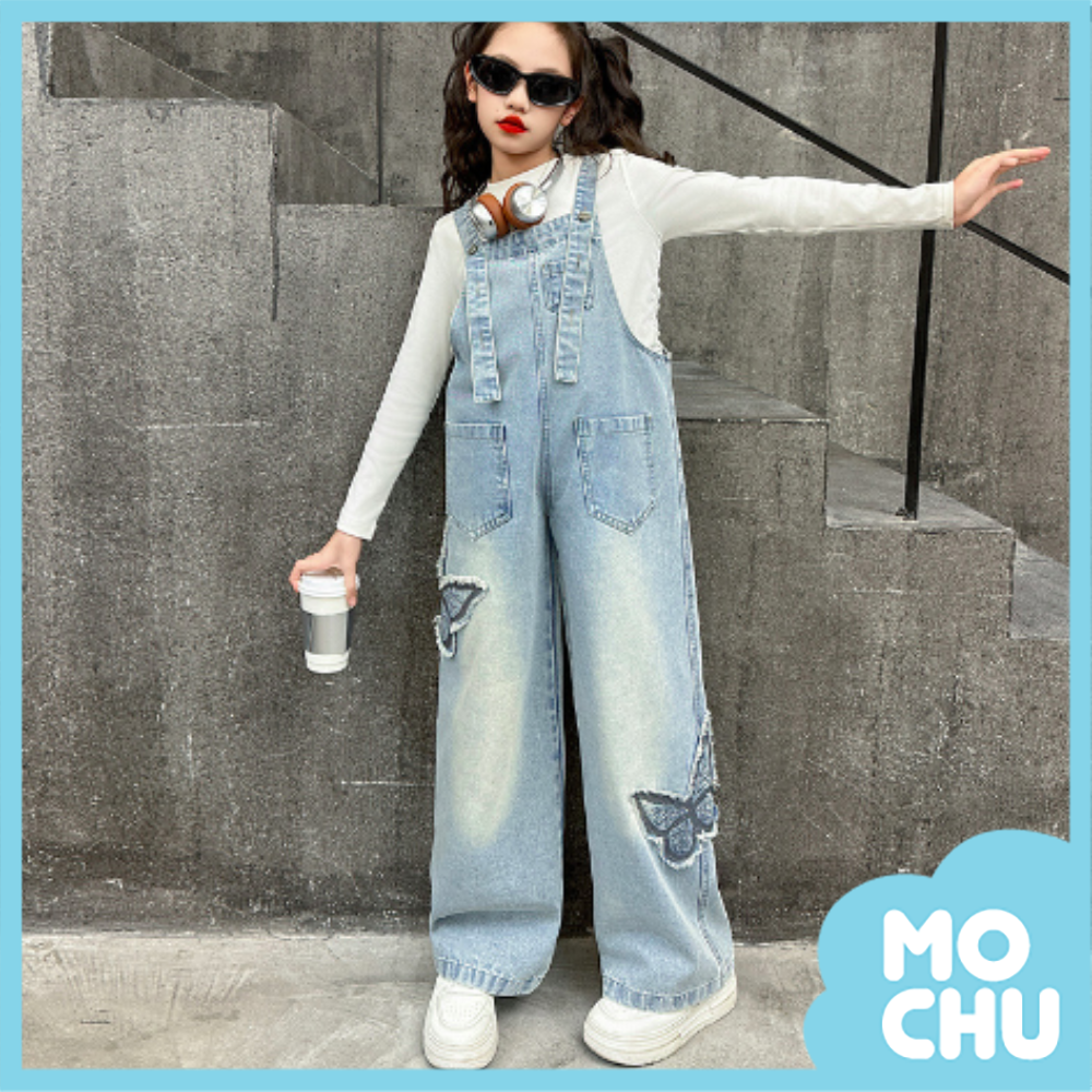 蝴蝶貼布水洗吊帶長褲