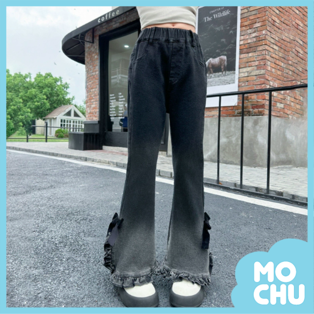 蝴蝶結開衩牛仔喇叭長褲(二色)