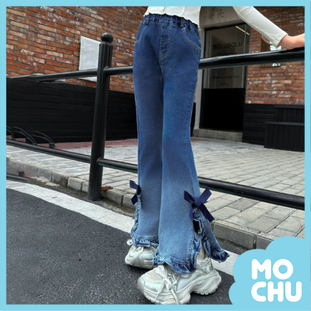 蝴蝶結開衩牛仔喇叭長褲(二色)