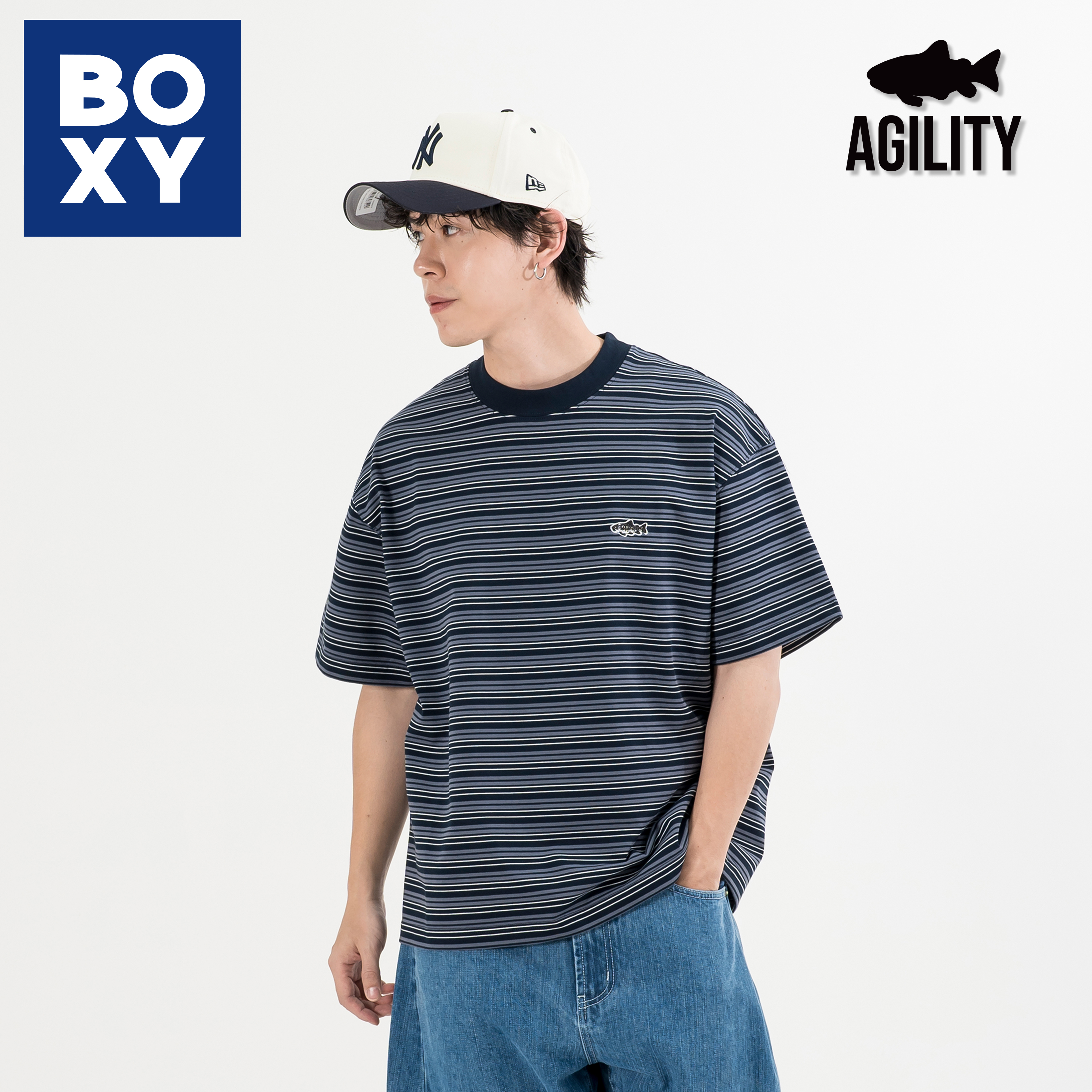 AGILITY Embroidery Stripe Boxy Tee 寬短 鮭魚刺繡 條紋短Tee [RS0-SBT]