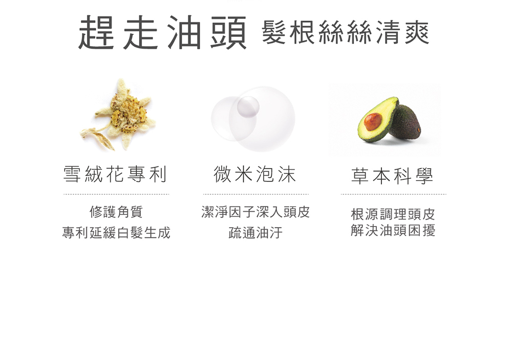 趕走油頭,髮根絲絲清爽,修護角質,延緩白髮生成,潔淨因子深入頭皮,疏通油汙,根源調理頭皮,解決油頭困擾