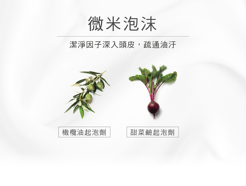 微米泡沫,潔淨因子深入頭皮,疏通油汙,橄欖油起泡劑,甜菜鹼起泡劑