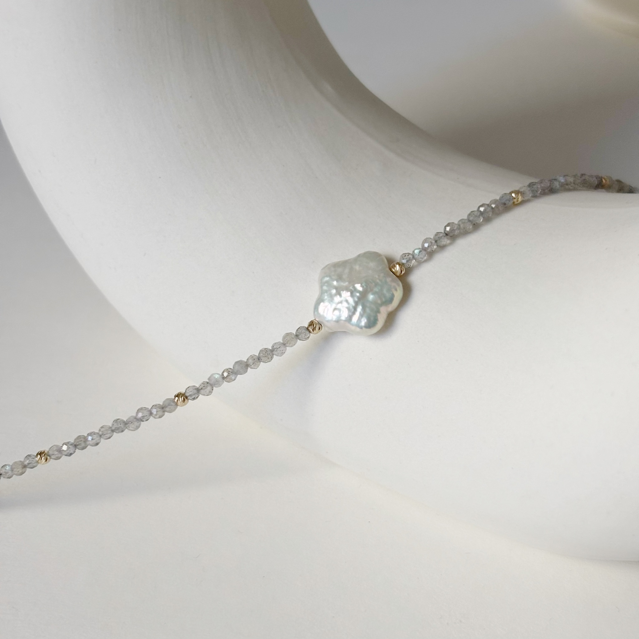 14K花朵珍珠拉長石手工手環