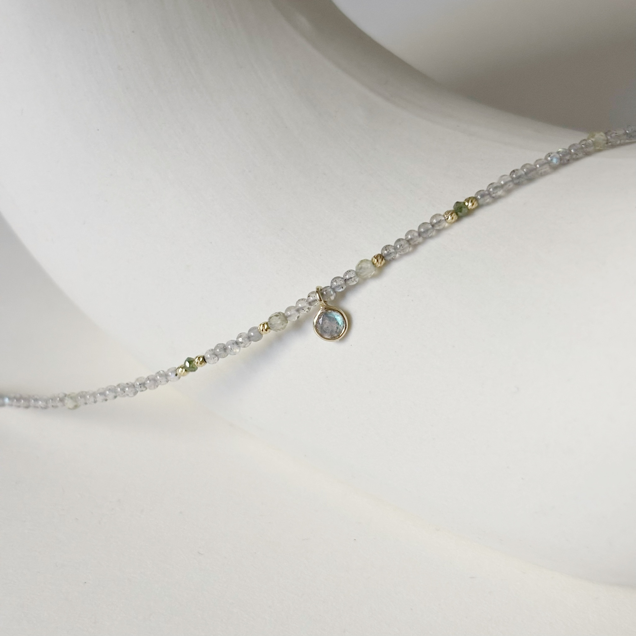 14K泡泡拉長石綠鑽手工手環