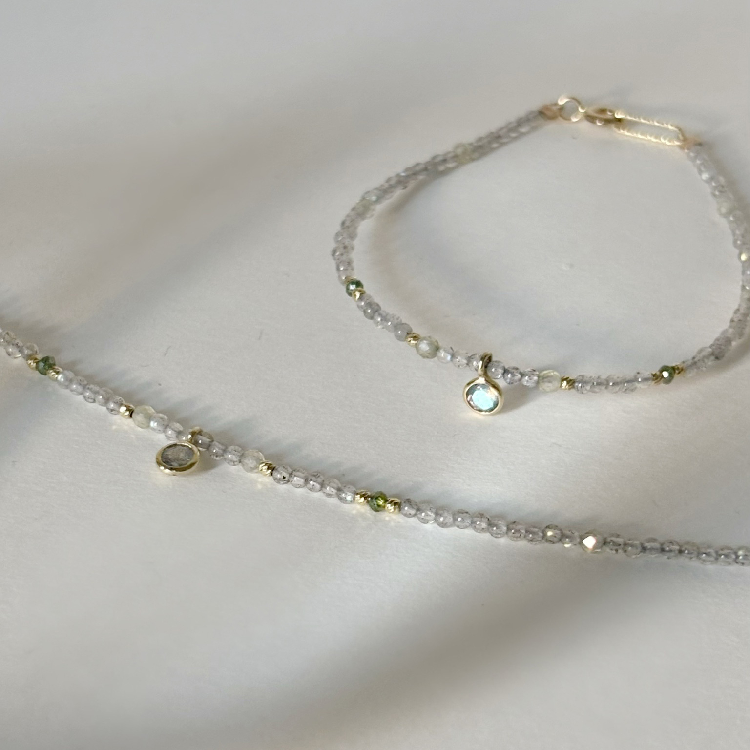 14K泡泡拉長石綠鑽手工手環